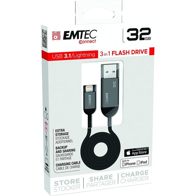 Emtec 3-in-1 Flash Drive USB σε Lightning - Καλώδιο Φόρτισης & Μεταφοράς Δεδομένων με Ενσωματωμένη Κάρτα Μνήμης 32GB