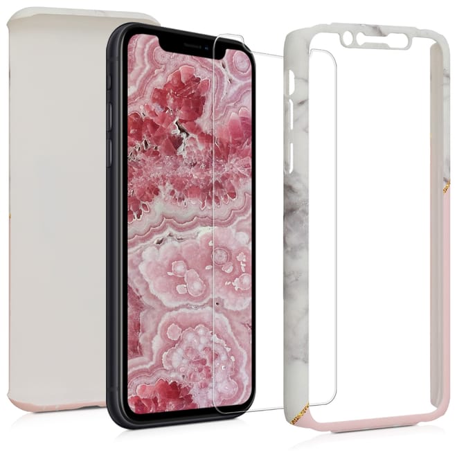 KW Θήκη Full Body Apple iPhone XR - Με Screen Protection - White / Dusty Pink / Gold