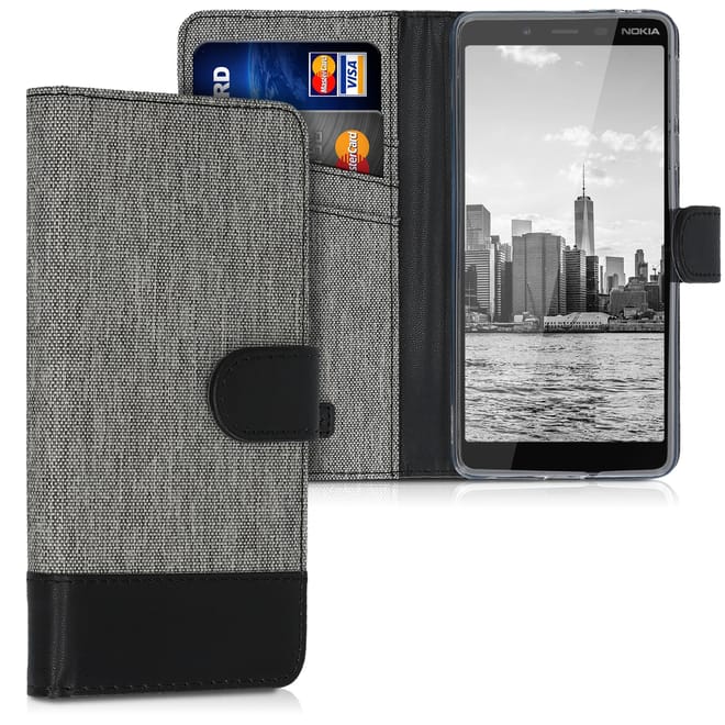 KW Θήκη - Πορτοφόλι Nokia 1 Plus - Fabric and PU Leather Flip Cover - Grey / Black