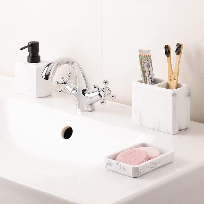 Navaris Marble Effect Bathroom Set - Σετ με 3 Αξεσουάρ Μπάνιου με ...