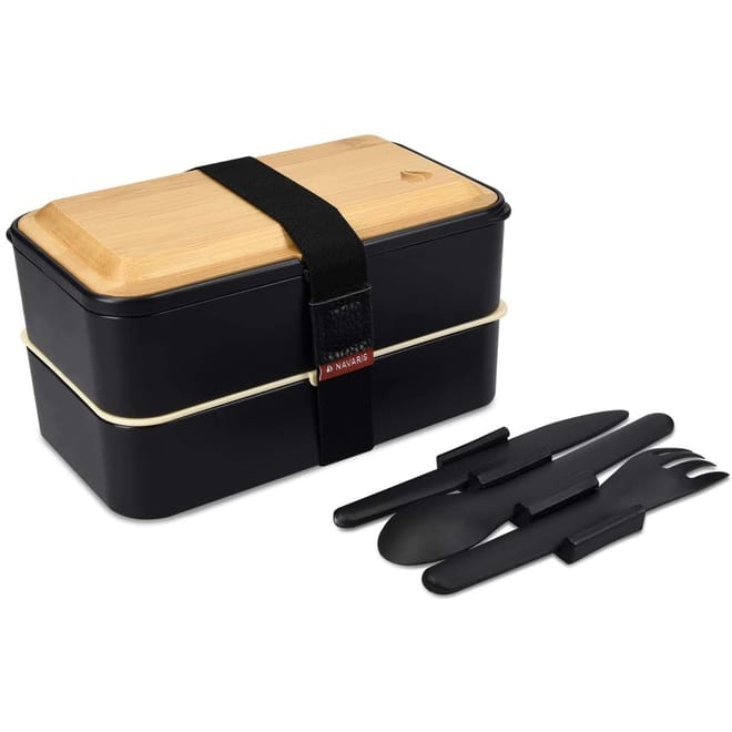 Navaris Bento Box - Σet 2 Δοχεία Φαγητού με Μαχαιροπίρουνα και Καπάκι από Μπαμπού - 1.2L - Black