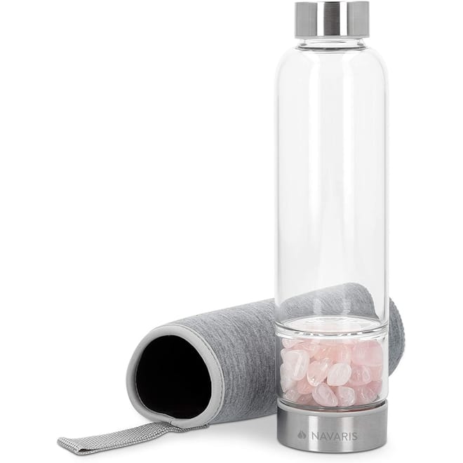 Navaris Crystal Water Bottle with Gemstones - Γυάλινο Μπουκάλι Νερού με Πέτρες Rosequarz και Θήκη - BPA FREE - 420ml - Clear / Pink