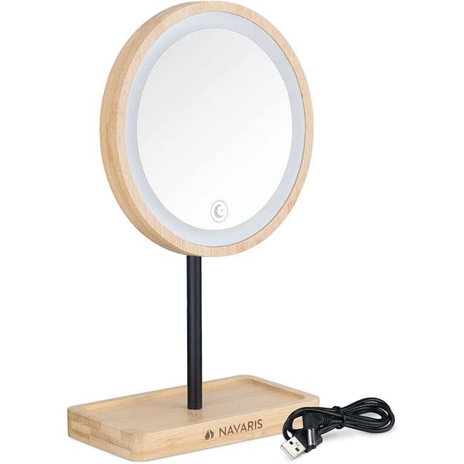 Navaris LED Cosmetic Mirror with Stand - Καθρέπτης Μακιγιάζ από Μπαμπού με Φωτισμό LED και Βάση για Κοσμήματα - Light Brown