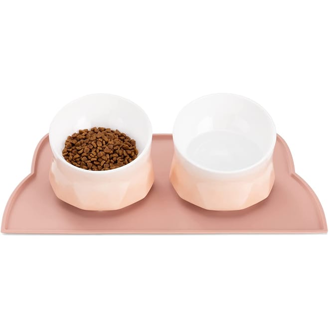 Navaris Cat Bowls Set of 2 with Mat - Σετ με 2 Κεραμικά Μπολ Φαγητού και Νερού με Βάση Σιλικόνης για Κατοικίδια - 250 ml - Pink