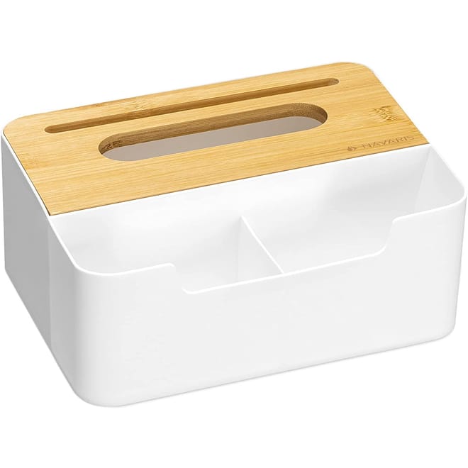 Navaris Tissue Box with Compartments - Κουτί από Μπαμπού για Χαρτομάντηλα και Καλλυντικά με Υποδοχή για Κινητό - White / Brown