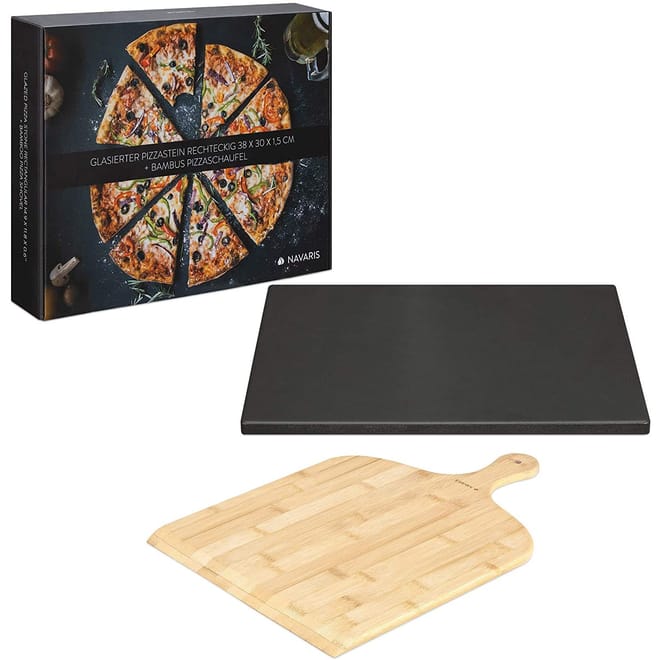 Navaris XL Pizza Stone - Σετ Τετράγωνη Πέτρινη Πλάκα Ψησίματος Πίτσας & Φτυάρι Πίτσας από Bamboo – Black / Brown