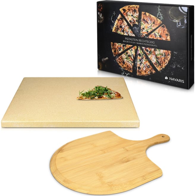Navaris XL Pizza Stone - Σετ Τετράγωνη Πέτρινη Πλάκα Ψησίματος Πίτσας & Φτυάρι Πίτσας από Bamboo – Brown