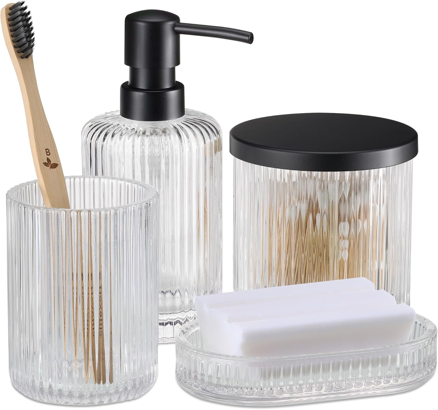 Αξεσουάρ Μπάνιου Navaris Glass Bathroom Accessories Σετ με 4 Δοχεία από Γυαλί με Ραβδώσεις Clear / Metallic Black