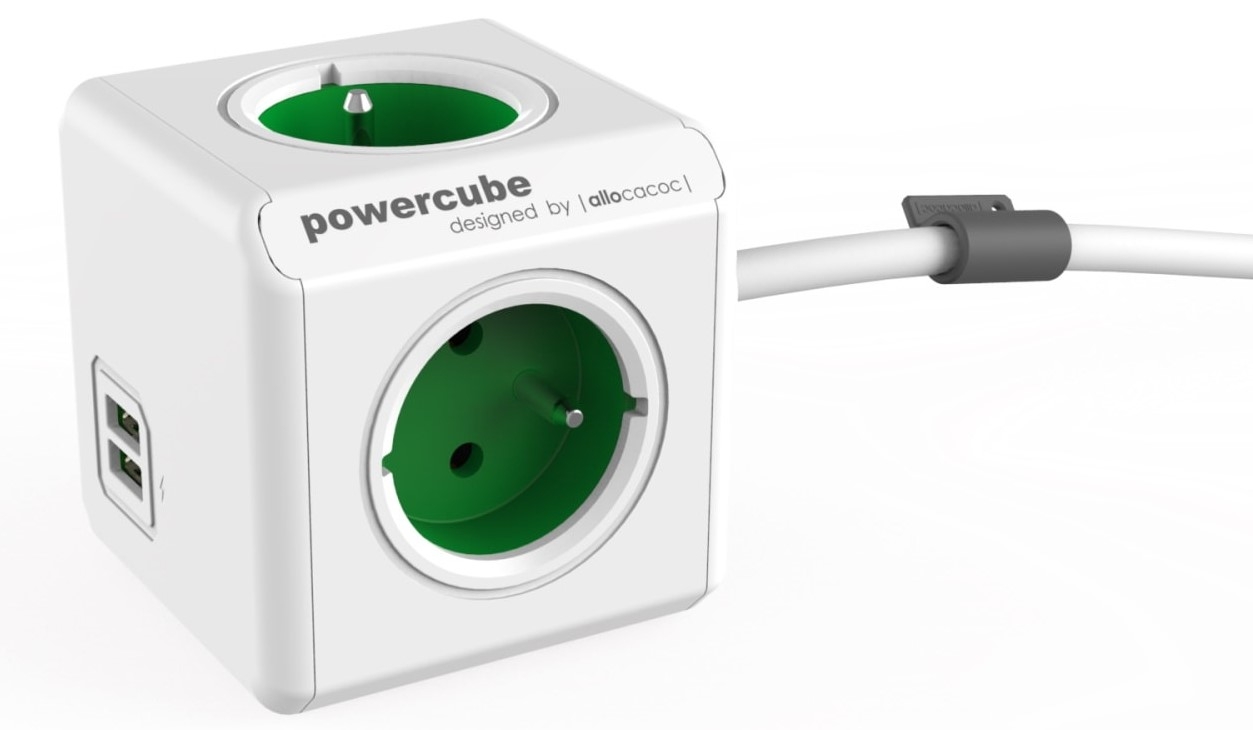 Allocacoc PowerCube Extended USB - Πολύπριζο με 4 Υποδοχές 3680W & Καλώδιο 150cm - 2 x USB-A - 10.5W - Kelly Green - 2 Έτη Εγγύηση