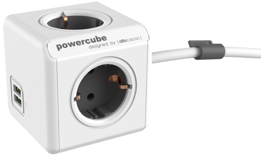 Allocacoc PowerCube Extended USB - Πολύπριζο με 4 Υποδοχές 3680W & Καλώδιο 150cm - 2 x USB-A - 10.5W - Trolley Grey - 2 Έτη Εγγύηση (1402GY/DEEUPC)