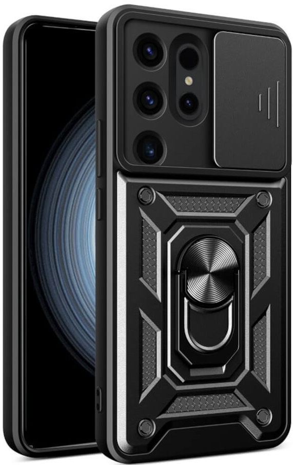 Ανθεκτική Θήκη με Κάλυμμα για την Κάμερα & Μεταλλικό Ring Holder - Samsung Galaxy S24 Ultra - Bodycell Armor Slide - Black