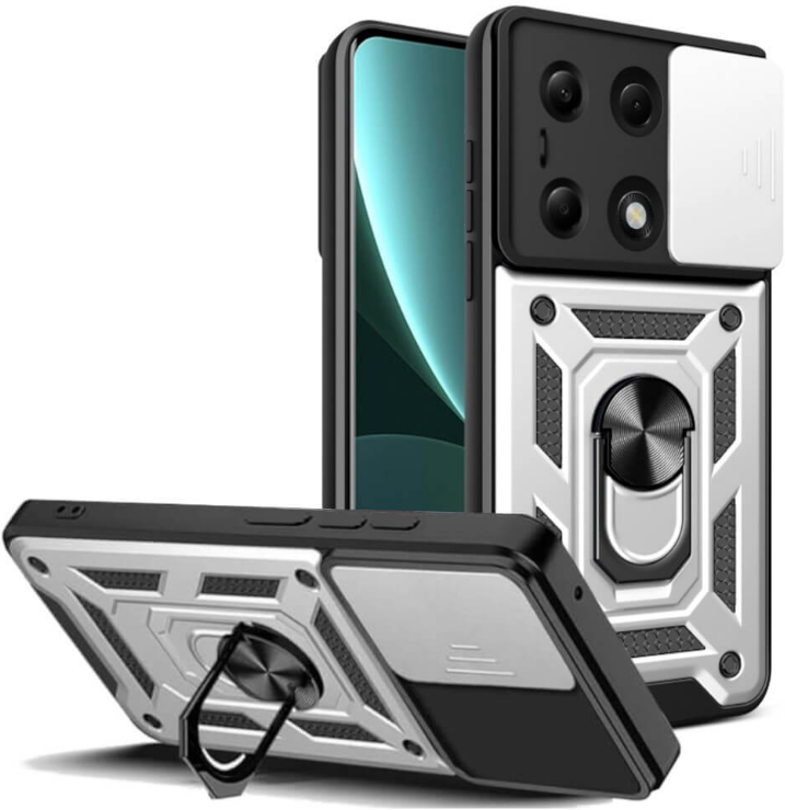 Ανθεκτική Θήκη με Κάλυμμα για την Κάμερα & Μεταλλικό Ring Holder - Xiaomi Redmi Note 13 Pro 4G / Poco M6 Pro 4G - Bodycell Armor Slide - Silver