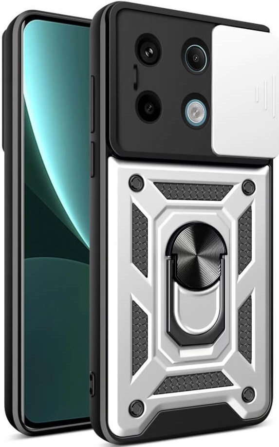 Ανθεκτική Θήκη με Κάλυμμα για την Κάμερα & Μεταλλικό Ring Holder - Xiaomi Redmi Note 13 Pro 5G / Poco X6 - Bodycell Armor Slide - Silver