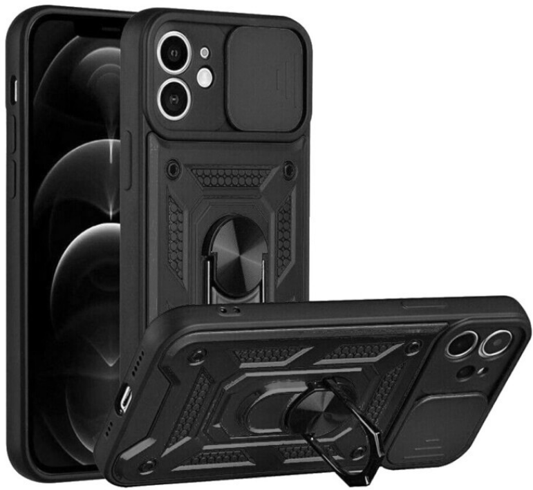Bodycell Armor Slide - Ανθεκτική Θήκη Apple iPhone 12 με Κάλυμμα για την Κάμερα & Μεταλλικό Ring Holder - Black