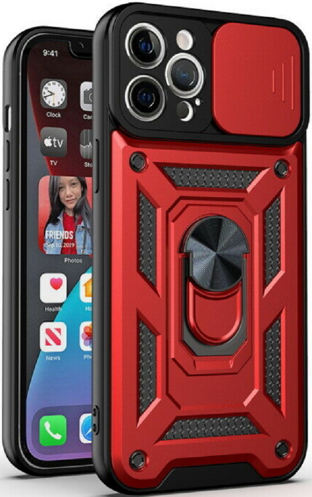 Bodycell Armor Slide - Ανθεκτική Θήκη Apple iPhone 13 Pro Max με Κάλυμμα για την Κάμερα & Μεταλλικό Ring Holder - Red