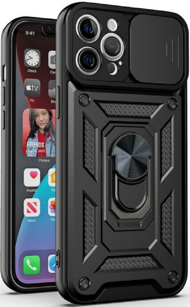 Bodycell Armor Slide - Ανθεκτική Θήκη Apple iPhone 13 Pro με Κάλυμμα για την Κάμερα & Μεταλλικό Ring Holder - Black