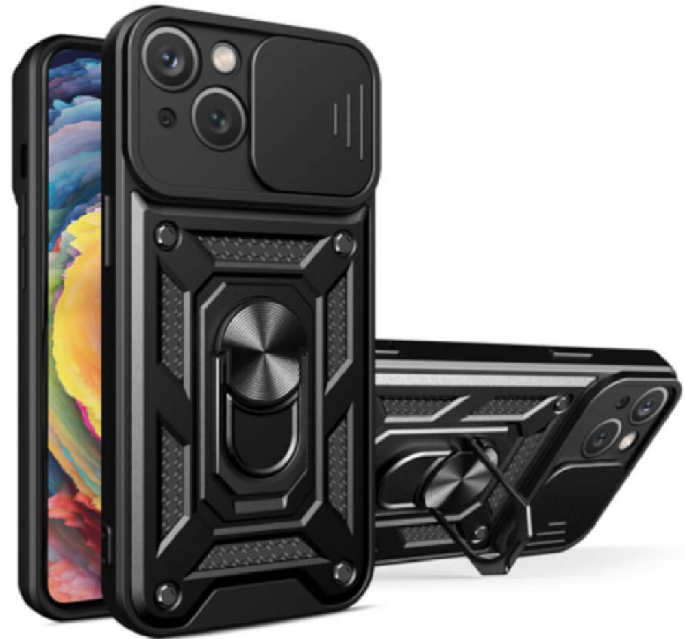 Bodycell Armor Slide - Ανθεκτική Θήκη Apple iPhone 14 με Κάλυμμα για την Κάμερα & Μεταλλικό Ring Holder - Black