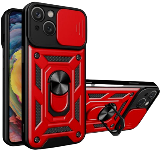 Bodycell Armor Slide - Ανθεκτική Θήκη Apple iPhone 14 με Κάλυμμα για την Κάμερα & Μεταλλικό Ring Holder - Red