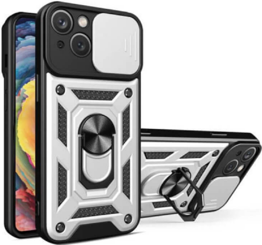 Bodycell Armor Slide - Ανθεκτική Θήκη Apple iPhone 14 με Κάλυμμα για την Κάμερα & Μεταλλικό Ring Holder - Silver