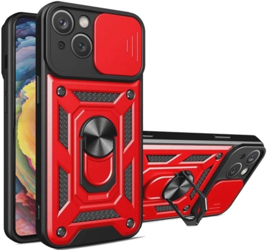 Bodycell Armor Slide - Ανθεκτική Θήκη Apple iPhone 15 με Κάλυμμα για την Κάμερα & Μεταλλικό Ring Holder - Red
