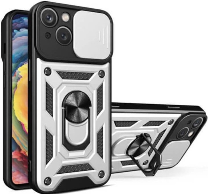 Bodycell Armor Slide - Ανθεκτική Θήκη Apple iPhone 15 με Κάλυμμα για την Κάμερα & Μεταλλικό Ring Holder - Silver