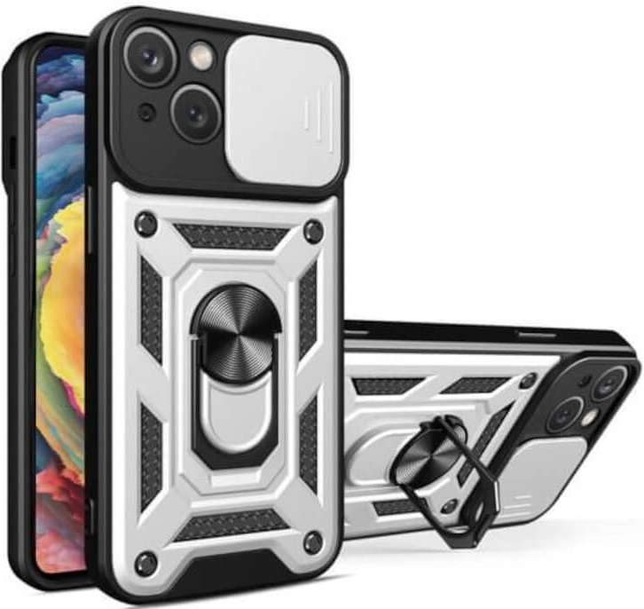 Bodycell Armor Slide - Ανθεκτική Θήκη Apple iPhone 15 Plus με Κάλυμμα για την Κάμερα & Μεταλλικό Ring Holder - Silver (5206015072437)