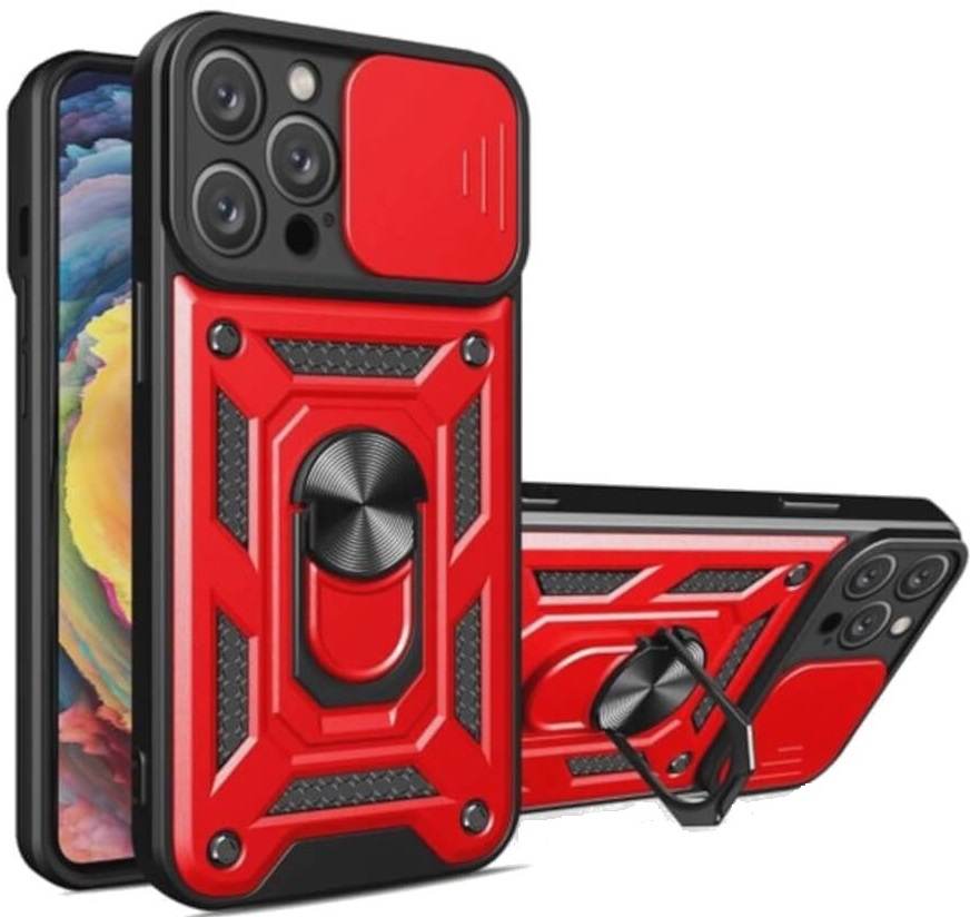 Bodycell Armor Slide - Ανθεκτική Θήκη Apple iPhone 15 Pro με Κάλυμμα για την Κάμερα & Μεταλλικό Ring Holder - Red