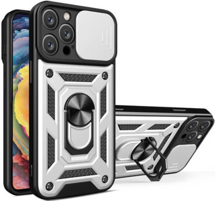 Bodycell Armor Slide - Ανθεκτική Θήκη Apple iPhone 15 Pro με Κάλυμμα για την Κάμερα & Μεταλλικό Ring Holder - Silver