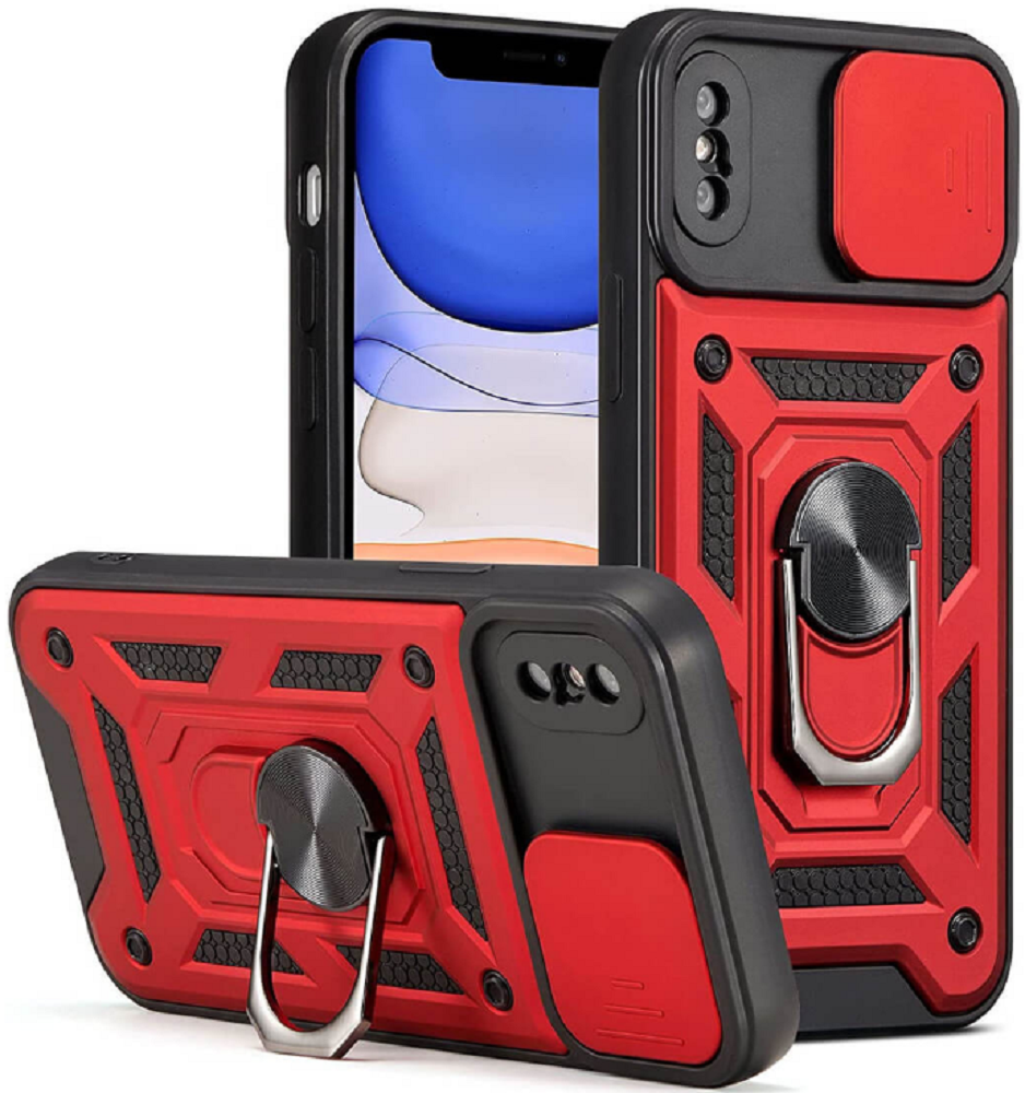 Bodycell Armor Slide - Ανθεκτική Θήκη Apple iPhone X / XS με Κάλυμμα για την Κάμερα & Μεταλλικό Ring Holder - Red