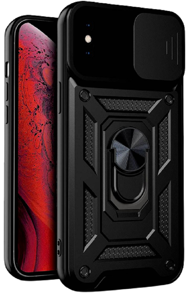 Bodycell Armor Slide - Ανθεκτική Θήκη Apple iPhone X / XS με Κάλυμμα για την Κάμερα & Μεταλλικό Ring Holder - Black