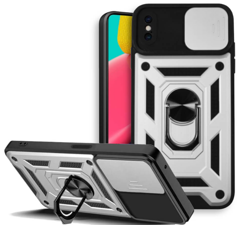 Bodycell Armor Slide - Ανθεκτική Θήκη iPhone XS Max με Κάλυμμα για την Κάμερα & Μεταλλικό Ring Holder - Silver