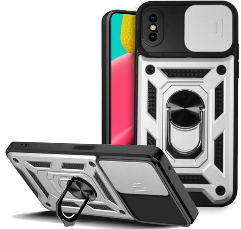 Bodycell Armor Slide - Ανθεκτική Θήκη iPhone X / XS με Κάλυμμα για την Κάμερα & Μεταλλικό Ring Holder - Silver