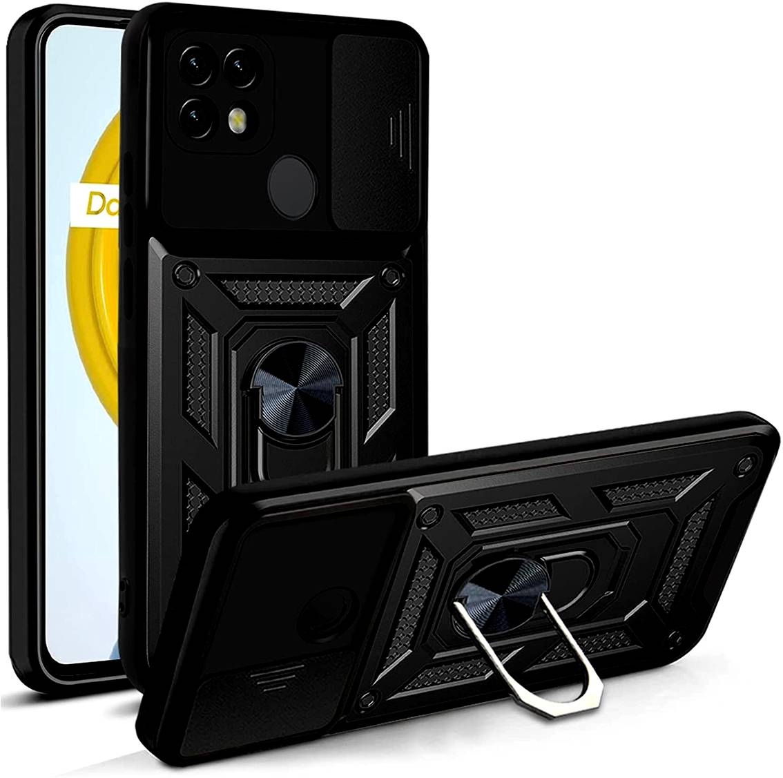 Bodycell Armor Slide - Ανθεκτική Θήκη Realme C21 με Κάλυμμα για την Κάμερα & Μεταλλικό Ring Holder - Black
