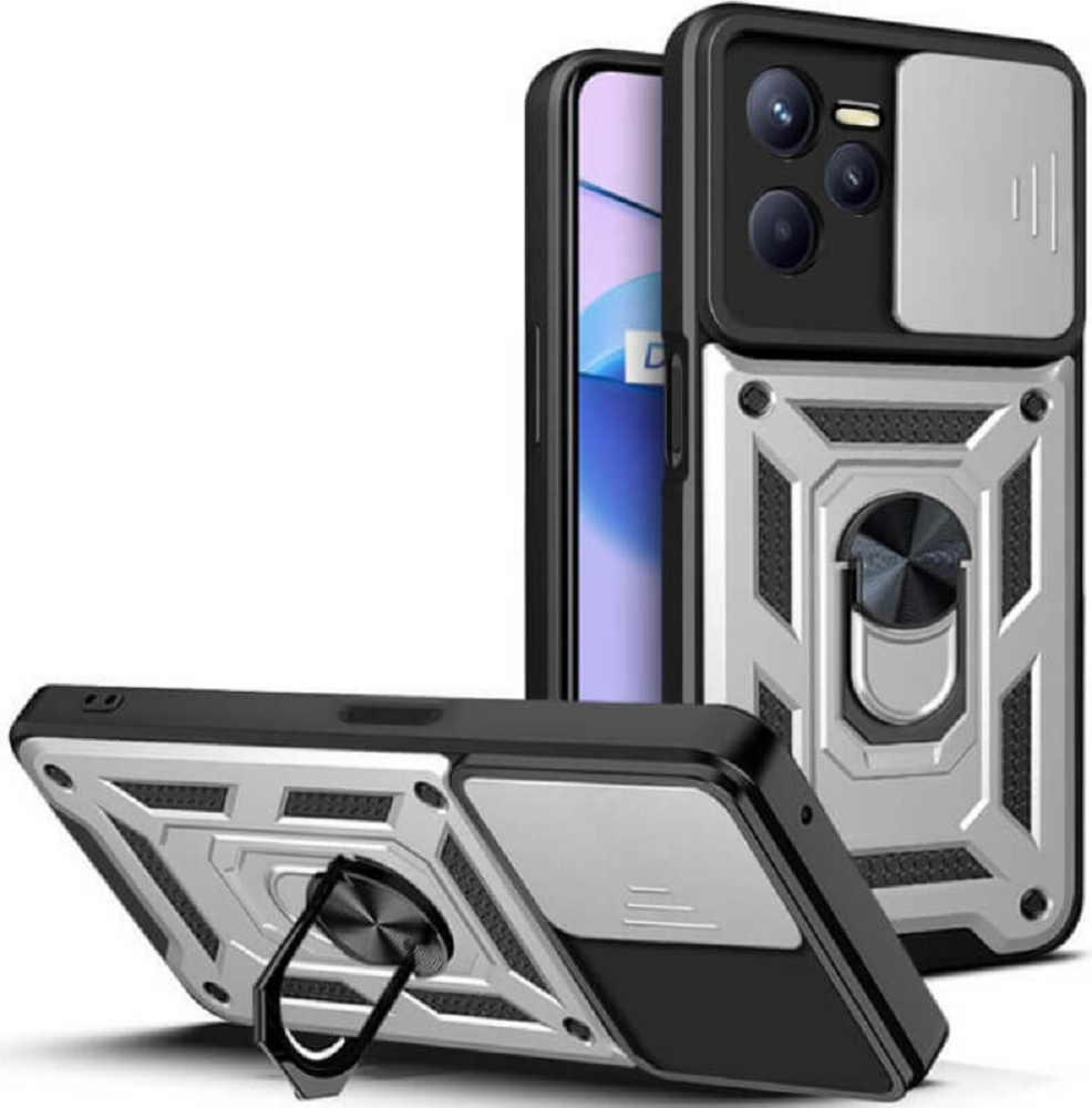 Bodycell Armor Slide - Ανθεκτική Θήκη Realme C35 με Κάλυμμα για την Κάμερα & Μεταλλικό Ring Holder - Silver