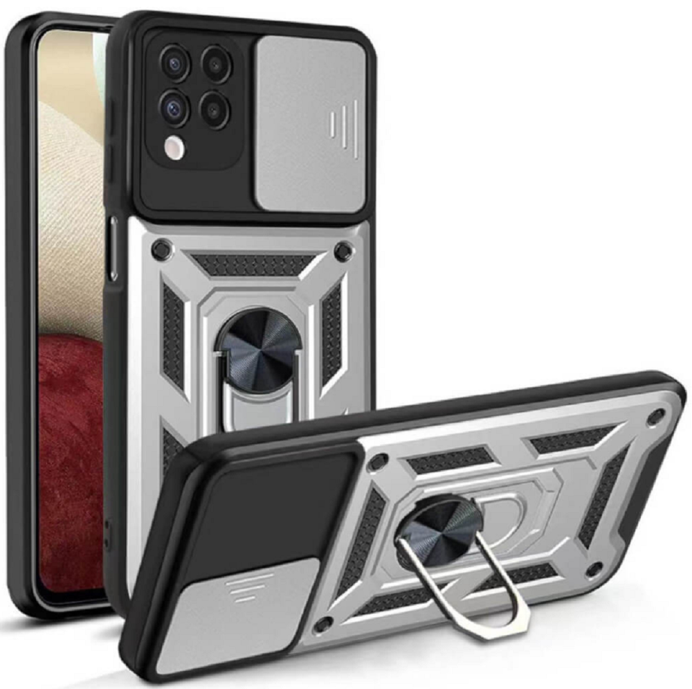 Bodycell Armor Slide - Ανθεκτική Θήκη Samsung Galaxy A12 με Κάλυμμα για την Κάμερα & Μεταλλικό Ring Holder - Silver (5206015014093)