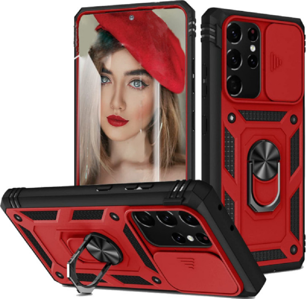 Bodycell Armor Slide - Ανθεκτική Θήκη Samsung Galaxy S21 Ultra 5G με Κάλυμμα για την Κάμερα & Μεταλλικό Ring Holder - Red