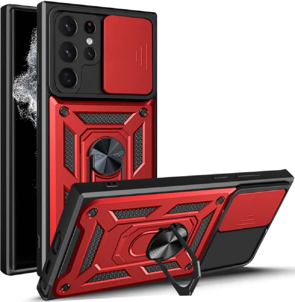 Bodycell Armor Slide - Ανθεκτική Θήκη Samsung Galaxy S22 Ultra 5G με Κάλυμμα για την Κάμερα & Μεταλλικό Ring Holder - Red (5206015014499)