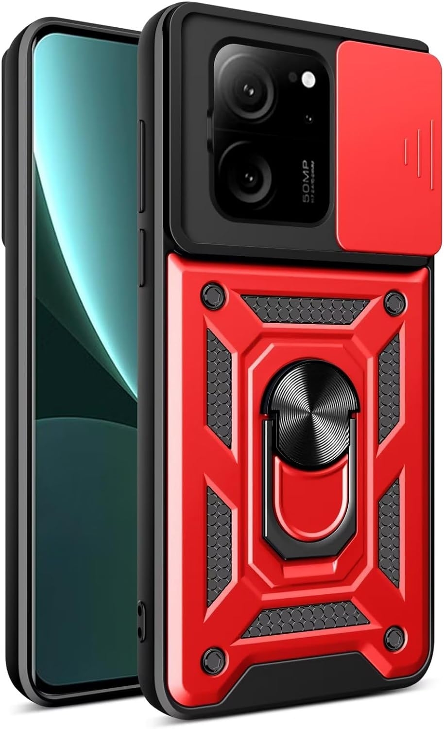 Bodycell Armor Slide - Ανθεκτική Θήκη Xiaomi 13T / 13T Pro με Κάλυμμα για την Κάμερα & Μεταλλικό Ring Holder - Red (5206015072338)