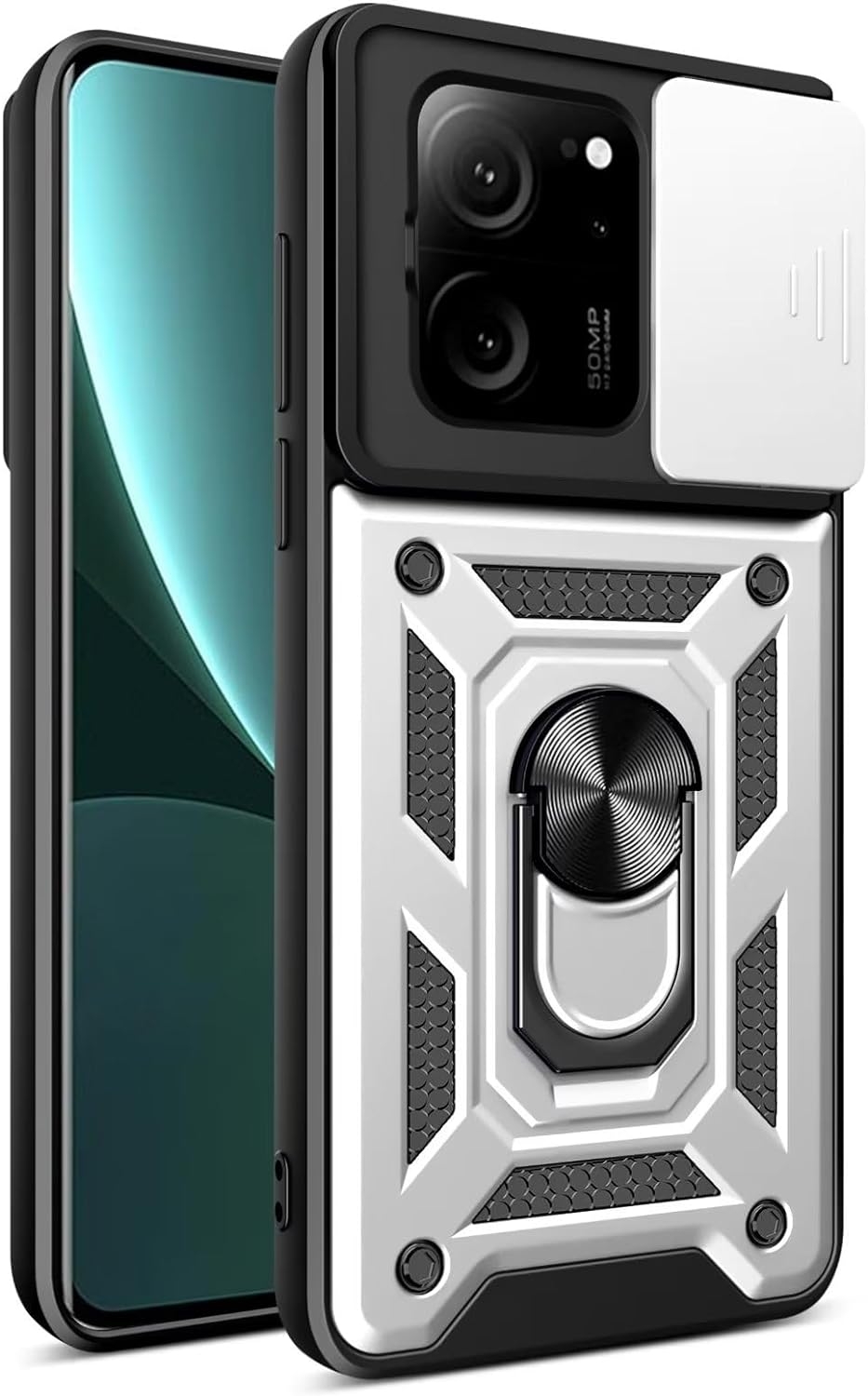 Bodycell Armor Slide - Ανθεκτική Θήκη Xiaomi 13T / 13T Pro με Κάλυμμα για την Κάμερα & Μεταλλικό Ring Holder - Silver