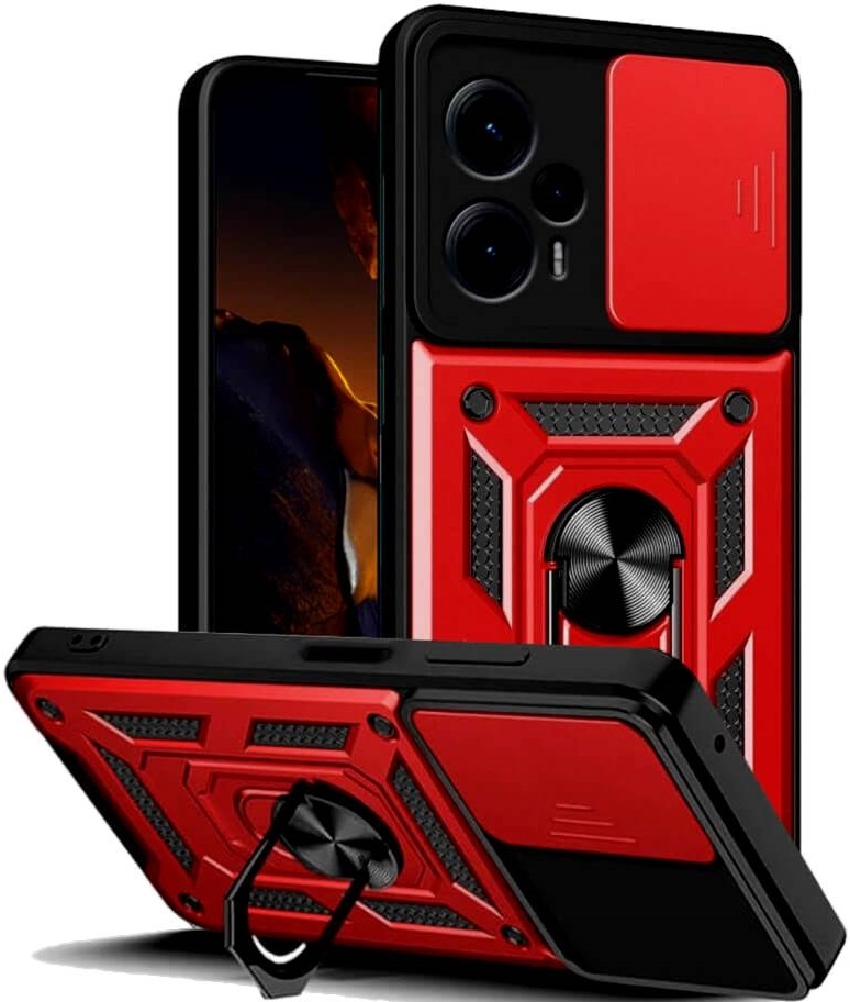 Bodycell Armor Slide - Ανθεκτική Θήκη Xiaomi Poco F5 με Κάλυμμα για την Κάμερα & Μεταλλικό Ring Holder - Red