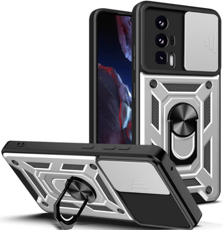 Bodycell Armor Slide - Ανθεκτική Θήκη Xiaomi Poco F5 Pro με Κάλυμμα για την Κάμερα & Μεταλλικό Ring Holder - Silver (5206015022616)