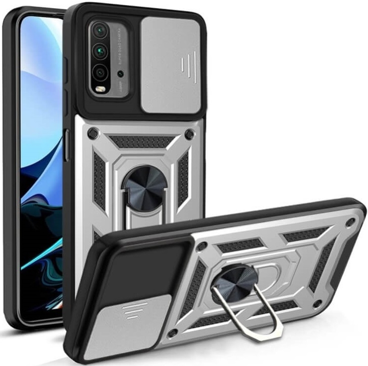 Bodycell Armor Slide - Ανθεκτική Θήκη Xiaomi Poco M3 με Κάλυμμα για την Κάμερα & Μεταλλικό Ring Holder - Silver