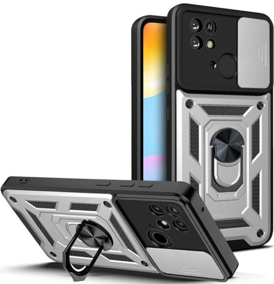 Bodycell Armor Slide - Ανθεκτική Θήκη Xiaomi Redmi 10C με Κάλυμμα για την Κάμερα & Μεταλλικό Ring Holder - Silver (5206015073106)