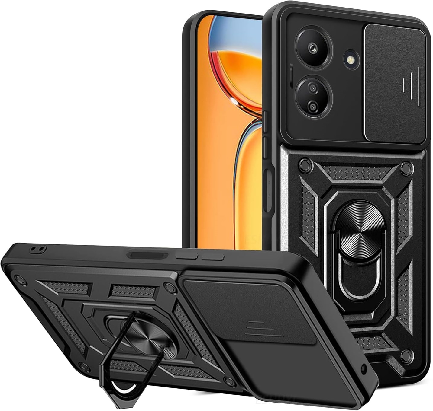Bodycell Armor Slide - Ανθεκτική Θήκη Xiaomi Redmi 13C 4G / Poco C65 με Κάλυμμα για την Κάμερα & Μεταλλικό Ring Holder - Black (5206015072864)