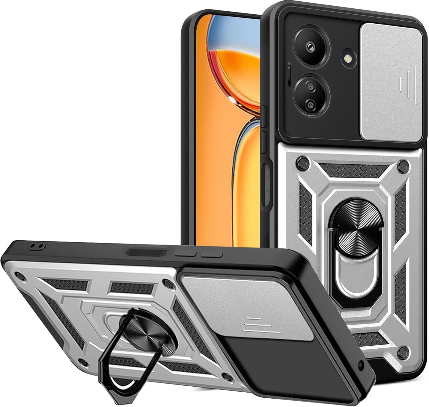 Bodycell Armor Slide - Ανθεκτική Θήκη Xiaomi Redmi 13C 4G / Poco C65 με Κάλυμμα για την Κάμερα & Μεταλλικό Ring Holder - Silver (5206015072888)