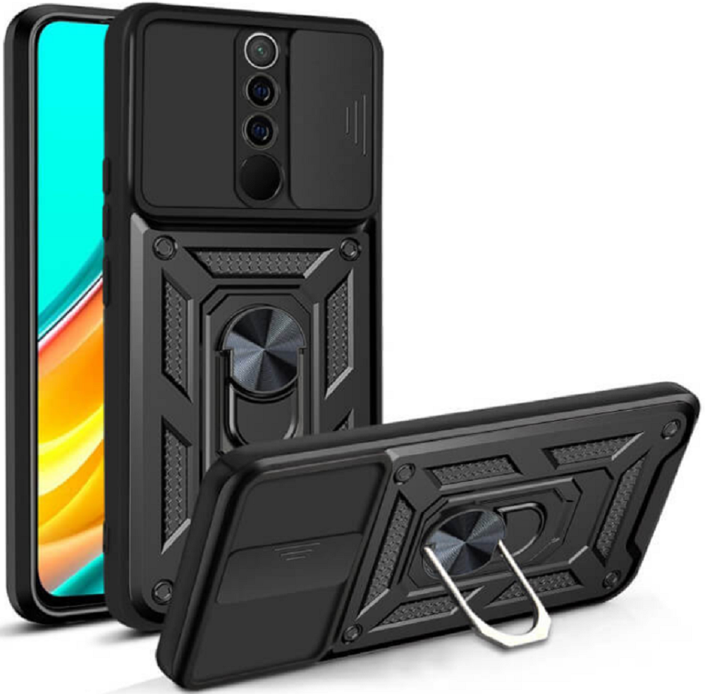 Bodycell Armor Slide - Ανθεκτική Θήκη Xiaomi Redmi 9 με Κάλυμμα για την Κάμερα & Μεταλλικό Ring Holder - Black