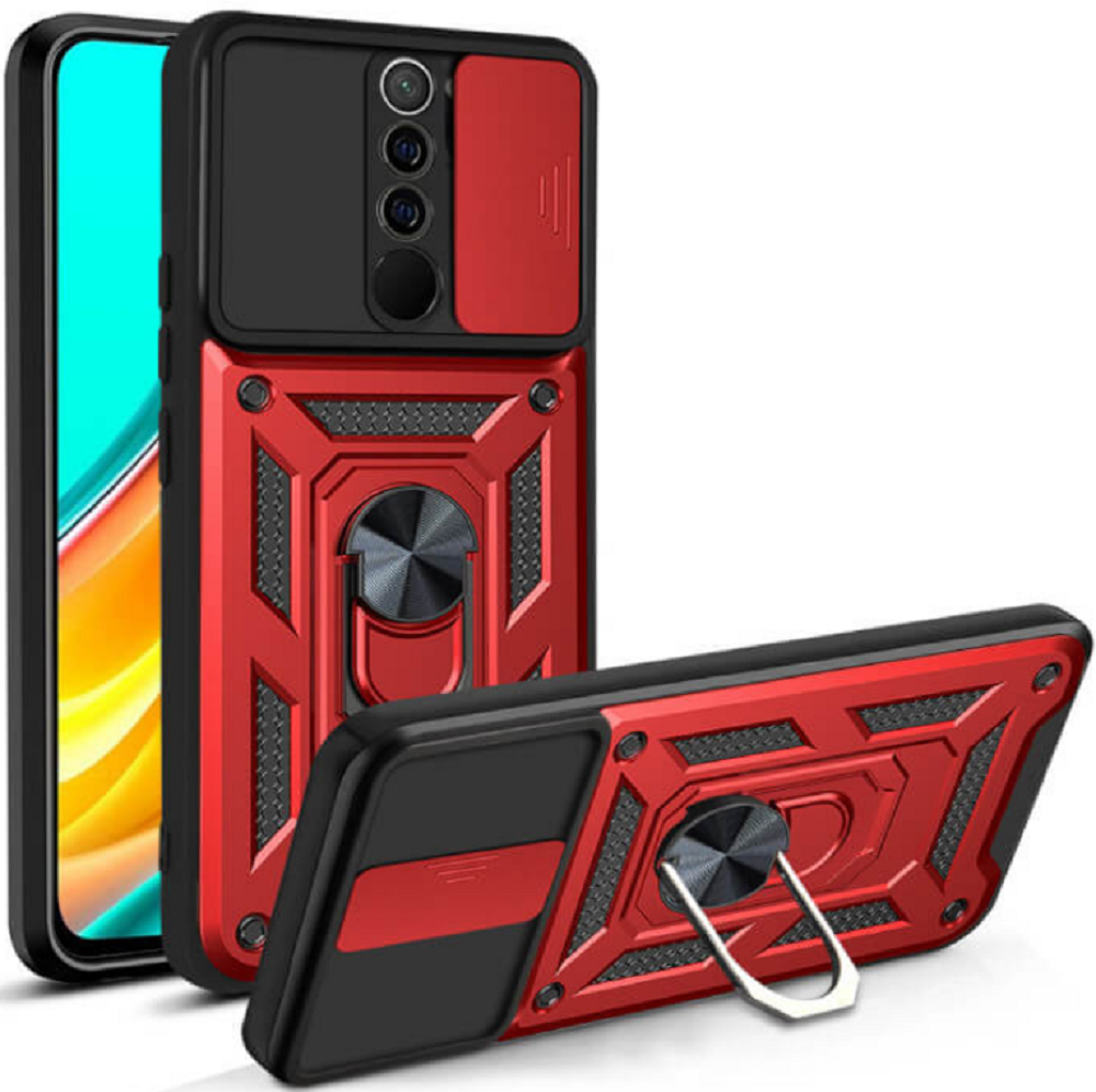 Bodycell Armor Slide - Ανθεκτική Θήκη Xiaomi Redmi 9 με Κάλυμμα για την Κάμερα & Μεταλλικό Ring Holder - Red (5206015012556)
