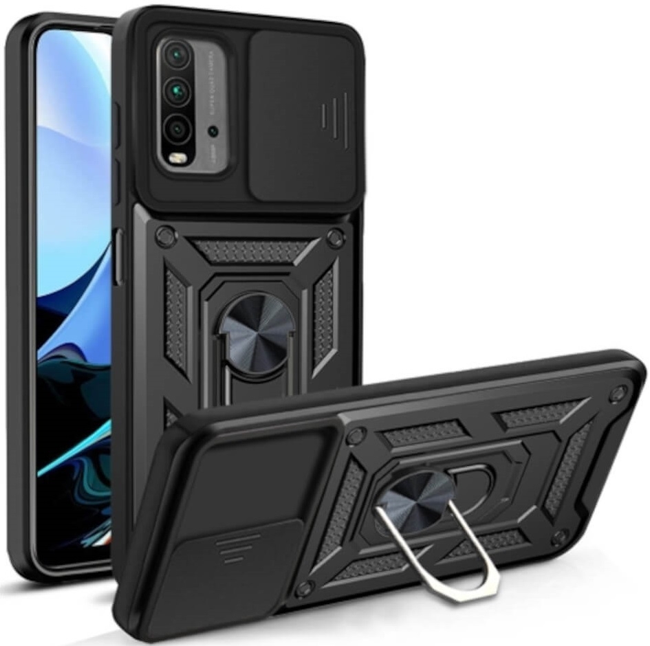 Bodycell Armor Slide - Ανθεκτική Θήκη Xiaomi Redmi 9T με Κάλυμμα για την Κάμερα & Μεταλλικό Ring Holder - Black 