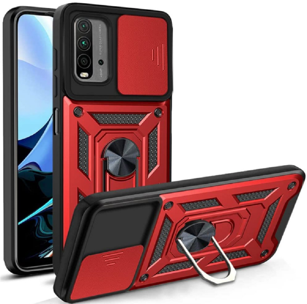 Bodycell Armor Slide - Ανθεκτική Θήκη Xiaomi Redmi 9T με Κάλυμμα για την Κάμερα & Μεταλλικό Ring Holder - Red