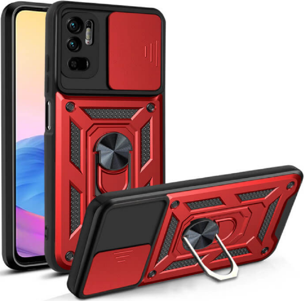 Bodycell Armor Slide - Ανθεκτική Θήκη Xiaomi Redmi Note 10 5G με Κάλυμμα για την Κάμερα & Μεταλλικό Ring Holder - Red